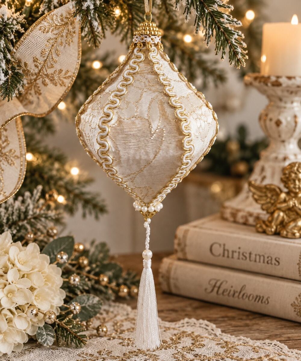 Handmade White & Gold Victorian Tassel Christmas Ornament OOAK